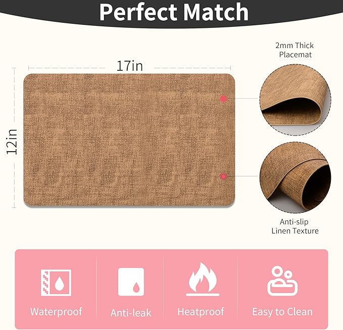 Maxpearl Faux Leather Placemats Set of 4 - Waterproof - Wipe Clean - Heat Resistant - Anti Slip Dining Table Place Mats, Suitable for Indoor & Outdoor Use, 17’’×12’’, Brown