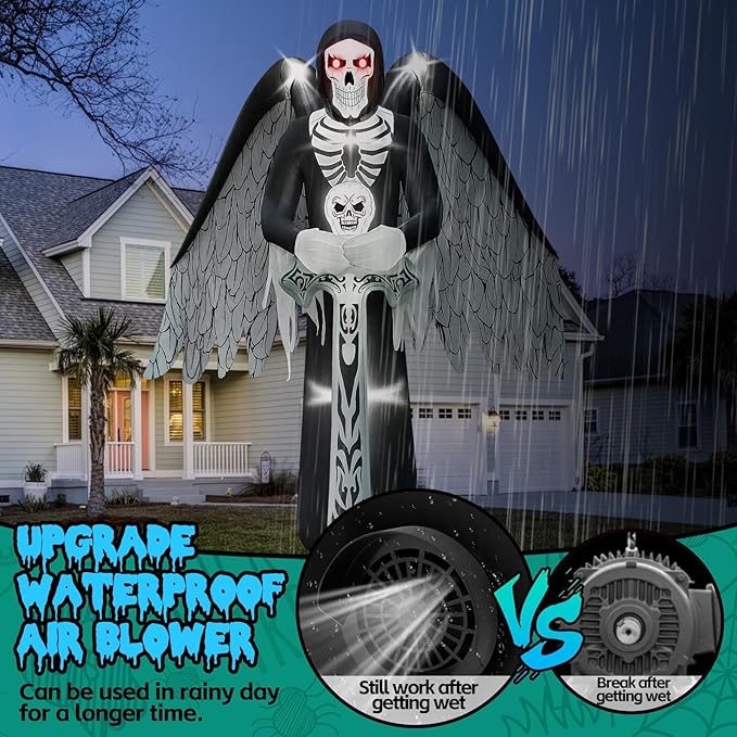 12FT Halloween Inflatables with LED Light, Kalolary Giant Winged Grim Reaper Inflatable Scary Halloween Outdoor Blow Up Decoration Halloween Yard Inflatable for Garden Lawn Home Holiday Party Supplies