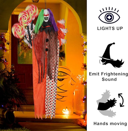 Prsildan Halloween Hanging Clown Decorations Outdoor Scary Animated Clown Halloween Props with Creepy Sound, Motion Activated, Red Light Up Eyes for Indoor Outside Yard Holiday Décor