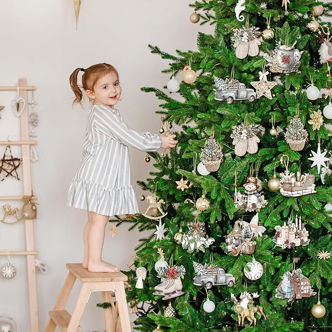 Suzile 36 Pcs Christmas Wooden Ornaments Vintage Christmas Tree Ornaments Xmas Decorations for Tree Wreaths Xmas Hanging Wood Cutouts Decor for Home Winter Party