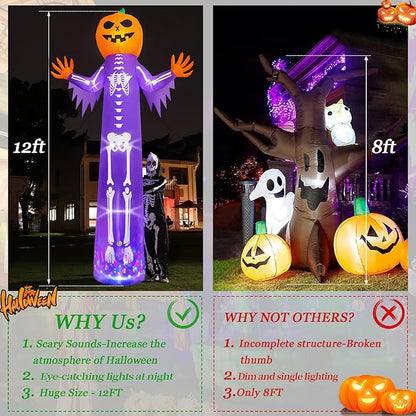 12FT Halloween Inflatable with Scary Music and Build-in LEDs, Giant Pumpkin Halloween Outdoor Decoration, Blow Up Pumpkin Skeleton Decoration for Home Family Party Holiday Yard Lawn Garden