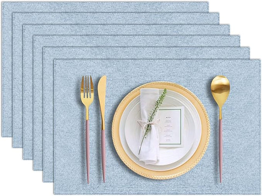 Cloth Placemats Set of 6, Cotton Linen Blend Machine Washable Durable Linen Table Mats, Heat Resistant Placemats Wrinkle Free Place Mats for Dining Table, Easy to Clean (Light Blue, 6)