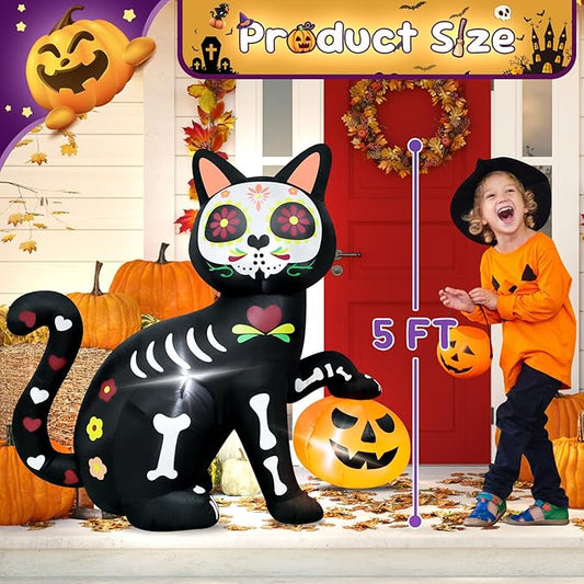 5FT Skeleton Cat Halloween Inflatable Decoration Pumpkin Decor Spooky Halloween Blow Up Decor for Parties with LED Lights Indoor Outdoor Holiday Yard Graden Decoration