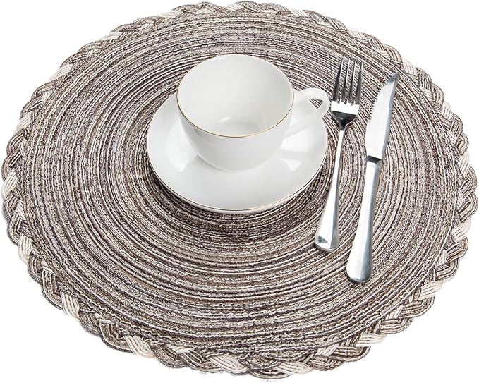 SHACOS Round Placemats Set of 6 Braided Glitter Round Table Placemats 15 inch for Wedding Holiday Party (Multicolor - Light Coffee, 6)