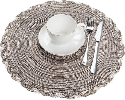 SHACOS Round Placemats Set of 6 Braided Glitter Round Table Placemats 15 inch for Wedding Holiday Party (Multicolor - Light Coffee, 6)