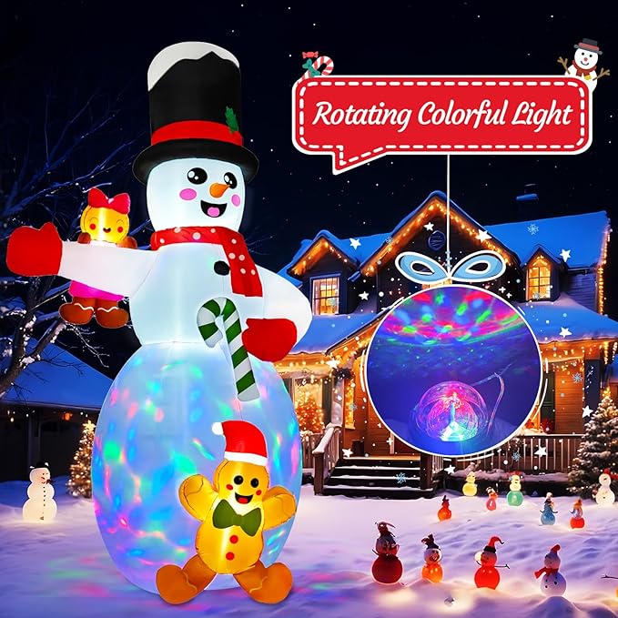 AerWo 14FT Giant Christmas Inflatable Outdoor Decoration, Christmas Blow Ups Yard Decorations Snowman with Gingerbread Man Inflatables, Christmas Inflatables with Rotating LEDs for Lawn Xmas Decor