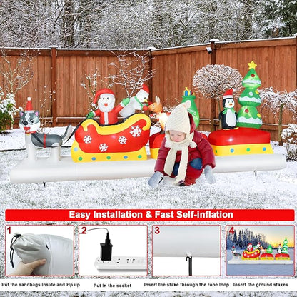 B&D 12FT Long Christmas Inflatables Outdoor Decorations, Inflatable Santa Claus on Dog Sled with Snowman, Penguin, Reindeer Blow up Christmas Decorations Built-in LEDs for Xmas Garden Yard Lawn Roof