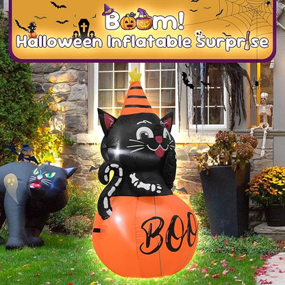 4FT Halloween Inflatable Decor Pumpkin Cat Helloween Blow Up Decoration with LED Lights Indoor Outdoor Yard Graden Party Holiday Decor