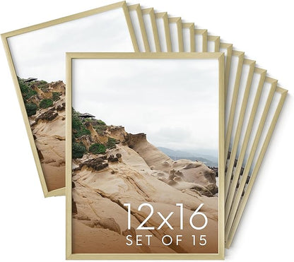 HAUS AND HUES 12x16 Gold Metal Picture Frames - Features Premium Aluminum, Vertical & Horizontal Hang, Shatterproof Plexiglass - Perfect for Home, Room, Office (12x16 in, Gold, Set of 15)