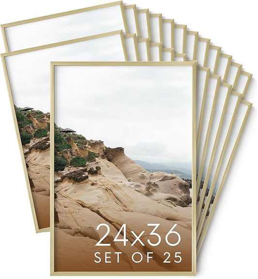 HAUS AND HUES 24x36 Gold Metal Picture Frames - Features Premium Aluminum, Vertical & Horizontal Hang, Shatterproof Plexiglass - Perfect for Home, Room, Office (24x36 in, Gold, Set of 25)