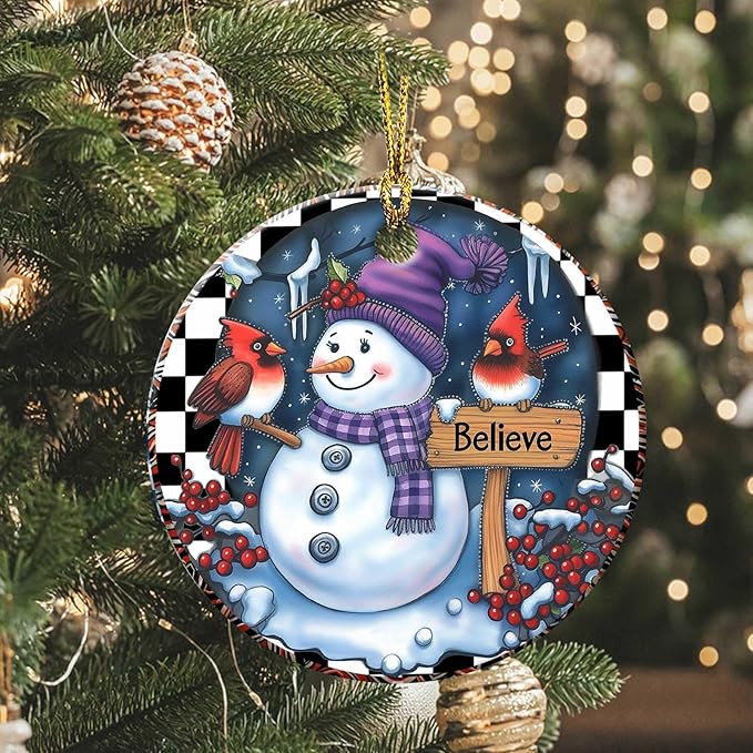 Snowman Cardinal Ornaments Believe Round Ceramic Ornament Christmas Keepsake Decor for Christmas Tree Winter Holiday Xmas Gift for Women Men Hanging Ornament 3"