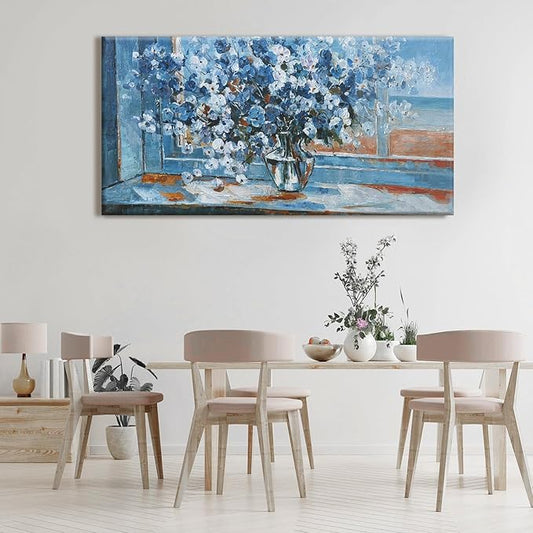 Flower Wall Art Blue Floral Wall Decor Pictures Wall Decor Canvas Prints Artwork Suitable For Living Room, Kitchen, Office And Bedroom Can Be Hung Directly 24x48 Inch