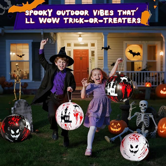 6 PCS 11.8 inch Hanging Halloween Decorations Ball Set, Inflatable Hanging Halloween Ornament Balls with Bloody Handprints, Haunted Castles, Creepy Faces, Black Cats and Pumpkin for Yard,Party Decor