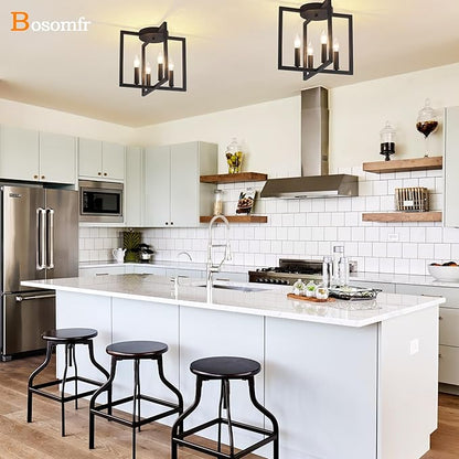 Semi Flush Mount 4-Light Black Ceiling Light, Modern Farmhouse Industrial Light with Geometric Metal Shade, Kitchen, Hallway, Bathroom