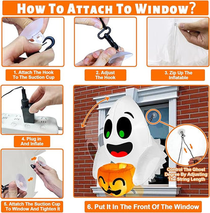 TURNMEON 3.5 Ft Halloween Inflatable Ghost Holding Candy Bucket Broke Out from Window Outdoor Halloween Decorations Blow Up with Build-in LED Lights for Party Indoor Outside Home Yard Garden Decor