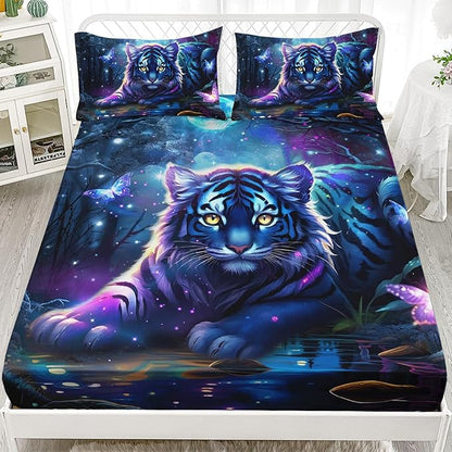 AILONEN Tiger Fitted Sheet Set Queen Size, Fairy Starry Forest Cute Tiger Sheet Wildlife Bed Sheet Set,3 Pieces Printed Fitted Sheet with 2 Pillowcases