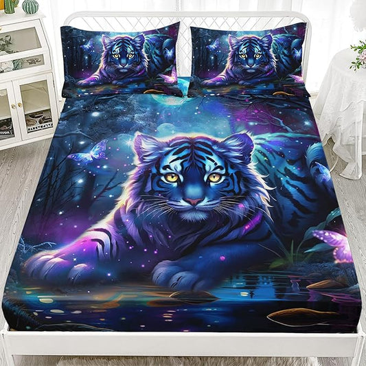 AILONEN Tiger Fitted Sheet Set Queen Size, Fairy Starry Forest Cute Tiger Sheet Wildlife Bed Sheet Set,3 Pieces Printed Fitted Sheet with 2 Pillowcases