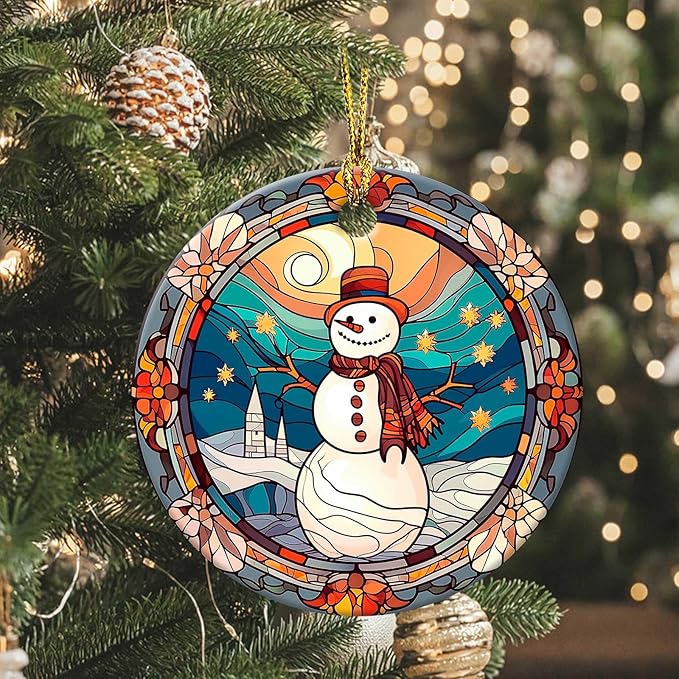 Snowman Ornaments Round Ceramic Stained Glass Style Ornament Christmas Keepsake Decor for Christmas Tree Winter Holiday Xmas Gift for Women Men Hanging Ornament 3"