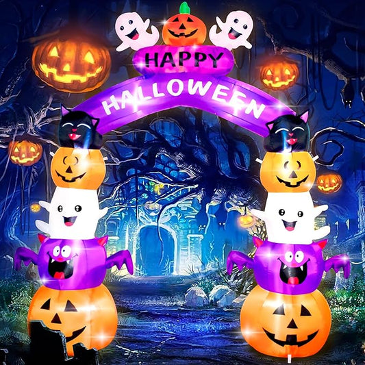 8FT Halloween Stacked Pumpkin Arch Inflatable Decoration Pumpkin Archway Blow up Inflatable Decorationswith LED Lights Indoor Outdoor Yard Garden Holiday Display for Halloween Party
