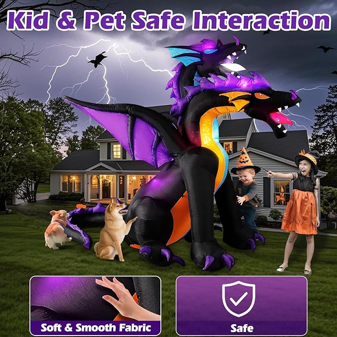 MICOCAH Halloween Inflatables 7 FT Tall Giant 2 Headed Dragon Outdoor Decorations, Built-in Flashing LEDs Scary Blow Up Yard Decoration Outside for Lawn Entrance Indoor Party Garden Inflated Décor