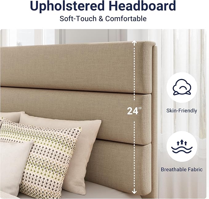 Allewie Twin Size Platform Bed Frame with Fabric Upholstered Headboard and Wooden Slats Support, Fully Upholstered Mattress Foundation/No Box Spring Needed/Easy Assembly,Beige