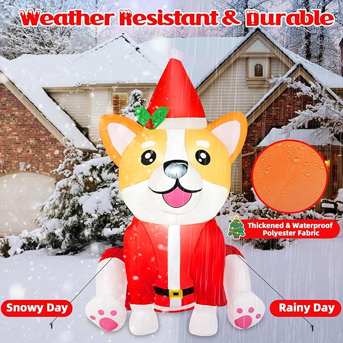 B&D 4FT Christmas Inflatables Dog Outdoor Decorations, Christmas Blow Up Corgi Dog with Built-in LED Lights Inflatable Xmas Decorations for Gifts Party Indoor Outdoor Yard Lawn Garden Decor