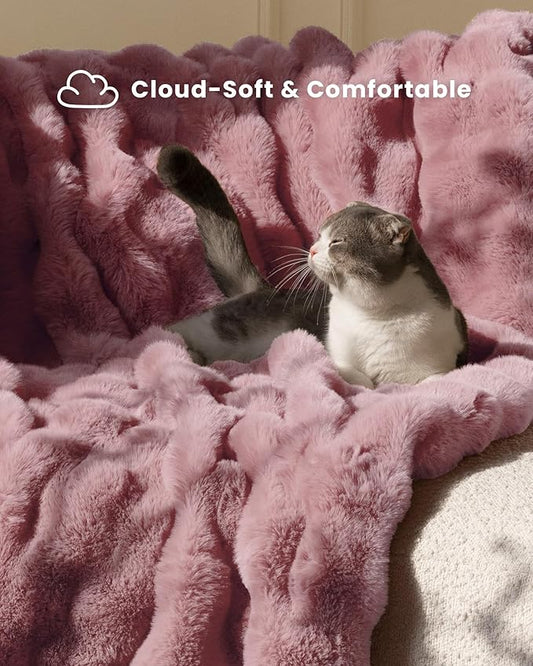 Ultra Soft Cozy Faux Fur Throw Blanket, Fuzzy Plush Thick Bubble Blanket, Oversize Luxury Fluffy Blanket for Couch, Bed, and Living Room, 60x80 Inches, Pink