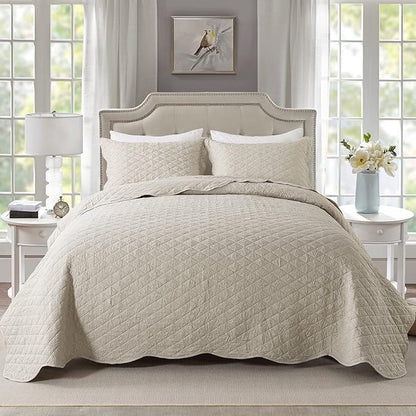 HoneiLife Queen Quilt Bedding Set - 3 Piece Washed Microfiber Quilt Sets Lightweight Bedspreads Ultra Soft Coverlets Retro Bed Cover Crinkled Bedding Set All Season Quilts-Sandy