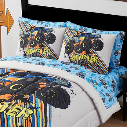 Kids Bedding Set Bed in a Bag for Boys and Girls Toddlers Printed Sheet Set and Comforter, Full, Monster Truck