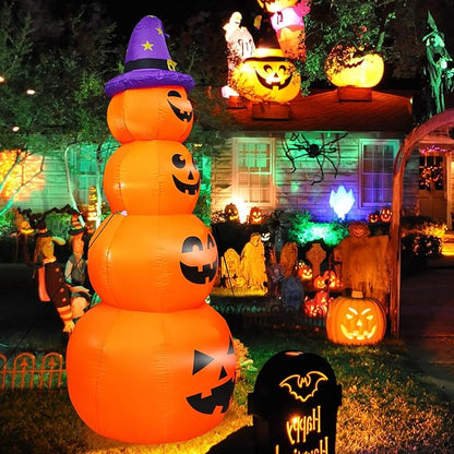 DearSun 8FT H Halloween Inflatable Stacked Pumpkins with Witch’s Hat, Blow up 4 Pumpkins Inflatable with Build-in LED Lights Outdoor Decorations Large Party Yard Decoration