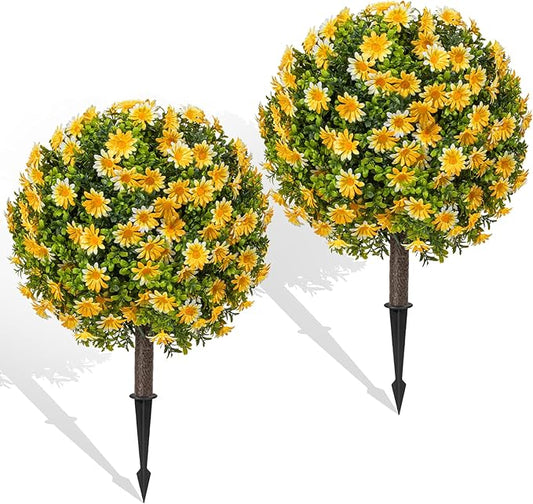 Artificial Topiary Ball Trees with Spike Set of 2, Fall Faux Boxwood Plants for Outdoor Planters, UV Resistant Artificial Outdoor Shrubs, Fake Bushes for Porch, Garden, Patio Decor