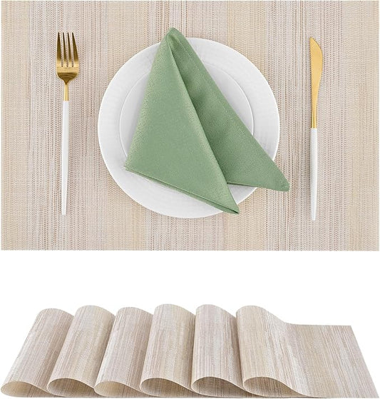 Leetaltree Lightsteel Beige with Yellow Placemats Set of 4 - Heat Resistant Non-Slip Place mats for Dining Table, Washable Durable PVC Vinyl Woven Table Mats (Lightsteel Beige with Yellow, 6)