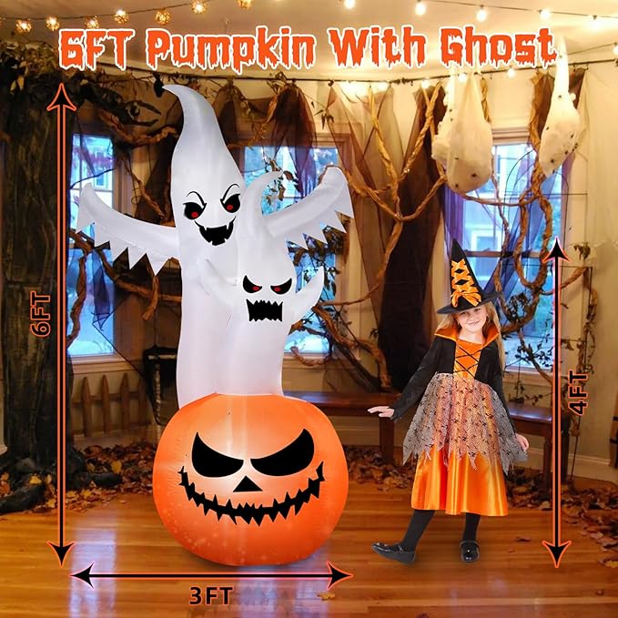 6FT Tall Halloween Inflatable Ghost&Pumpkin Inflatable Decoration with Build-in RGB Lights Blow Up Inflatables for Halloween Party, Yard, Garden, Lawn Decoration