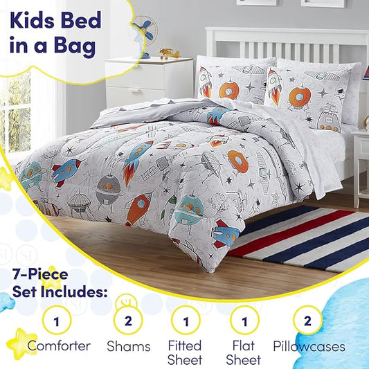 Kids Bedding Set Bed in a Bag for Boys and Girls Toddlers Printed Sheet Set and Comforter, Full, Floating in Space (Pack of 4)