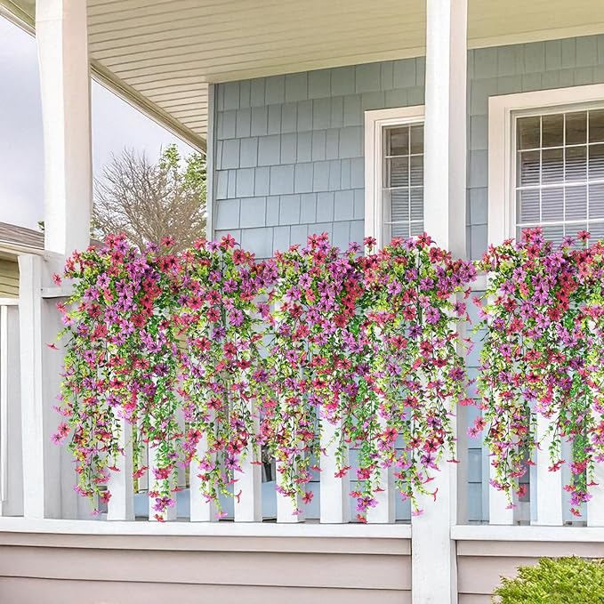 Artificial Fake Hanging Flowers Plants for Outdoor Summer Decoration,2 PCS Faux Silk Daisy with Eucalyptus Leaves,UV Resistant Look Real for Outside Home Indoor Planter Porch Patio Balcony Yard Decor