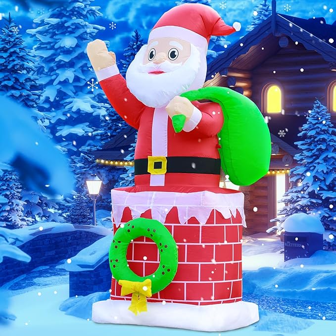 DomKom Christmas Inflatables Outdoor Decoration, 6 FT Chimney Santa Claus with Gift Bag Blow up Build-in Led Light Party Lawn Holiday Winter Outside Decor