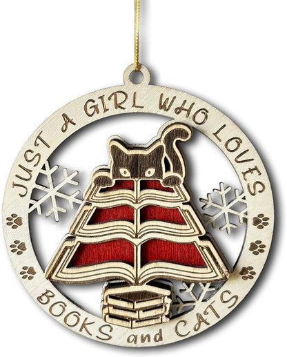 A Girl Loves Books and Cats Ornament – Cute Wooden Christmas Ornament for Cat Lovers, Readers, and Book Enthusiasts – Perfect or Keepsake