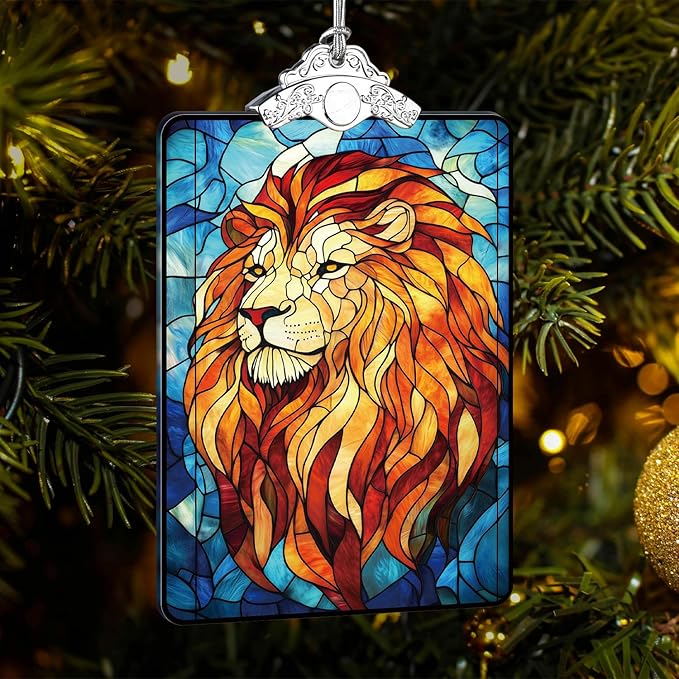 Lion Stained Glass Ornament, 2025 Christmas Tree Hanging Decoration for Gift Exchange or Stocking Stuffer, Holiday Safari Animal Decor, 3.8 x 2.4 Inch