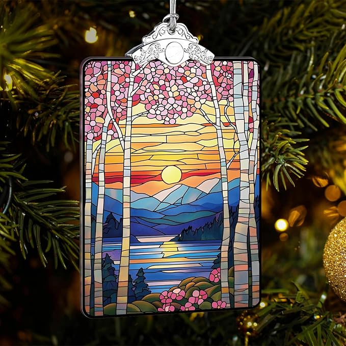 Sunset Landscape Stained Glass 2025 Christmas Ornament, Nature Scene Hanging Decoration for Christmas Tree, Gift Exchange or Stocking Stuffer, 3.8 x 2.4 Inch