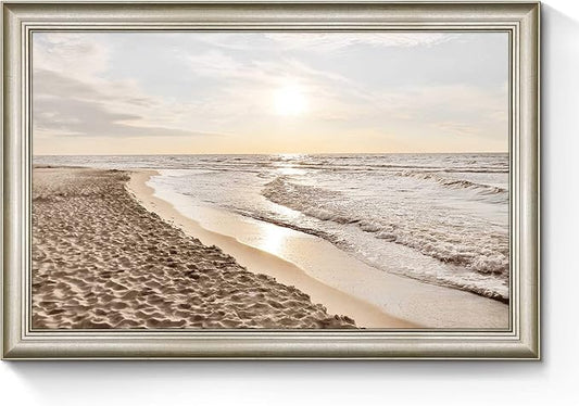 Coastal Beach Picture Wall Art: Sunset Ocean Framed Artwork Modern Sea Waves Canvas Painting Tropical Scenery Nature Sands Seaside Seacape Prints for Bathroom Living Room Bedroom