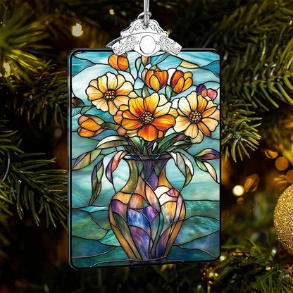 Bouquet in Vase Stained Glass Ornament, 2025 Christmas Tree Hanging Decoration, Ideal Gift or Stocking Stuffer, 3.8 x 2.4 Inch