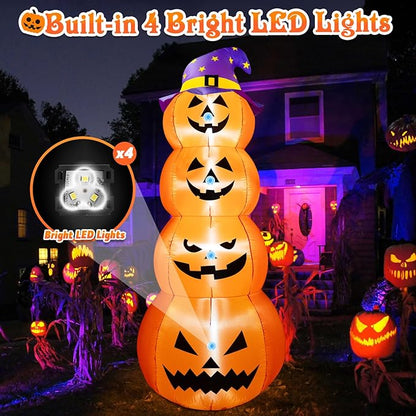 B&D 8FT Halloween Inflatable Outdoor Decoration Stacked Pumpkins with Witch’s Hat, Inflatable Halloween Decorations Blow up Pumpkin Built-in LEDs for Holiday Party Indoor Outdoor Yard Garden Lawn