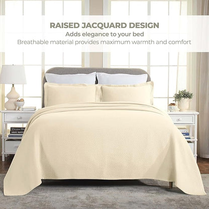 Superior Solitaire Cotton 3 Piece Bedspread Set, Home Bed Decor, Decorative Textured Bed Spread, 2 Pillow Shams, Airy Blanket, Matelasse Coverlet Bedding, All-Season Accent Blanket, Full, Ivory