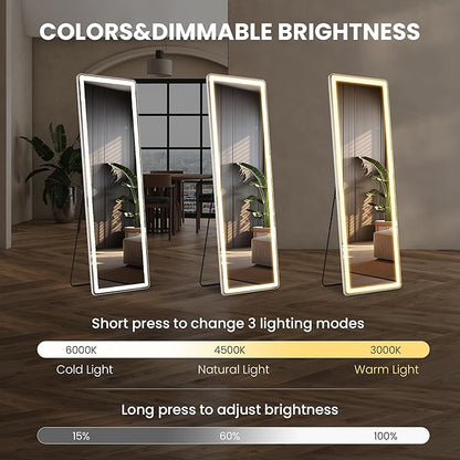 Sweetcrispy Full Length Mirror with LED Lights, 60"x16" Lighted Floor Mirror with Dimming & 3 Color Lighting, Stand for Bedroom, Dressing Room, Rectangle