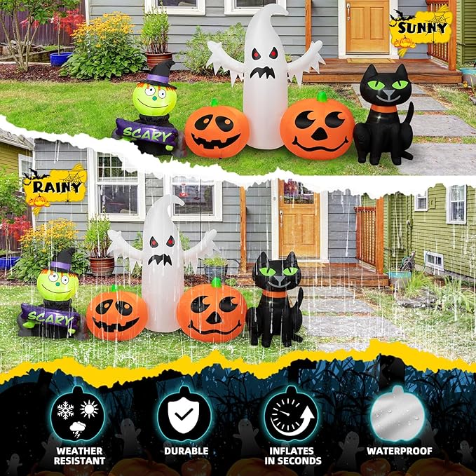 8FT Long Halloween Inflatable Outdoor Decorations Pumpkin Ghost and Black Cat Inflatable Yard Decoration with Build in LEDs Blow Up Ghost for Indoor Outdoor Party Lawn Yard Garden Decor