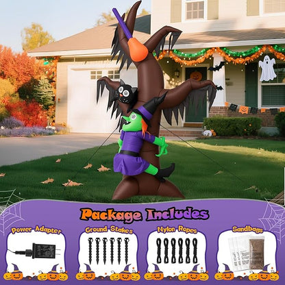 8FT Halloween Inflatables Tree with Witch, Cat & Broomstick, Halloween Blow Up Yard Decorations with 4 Built-in LED Lights, Self-Inflating Halloween Outdoor Decor for Garden, Lawn, Parties