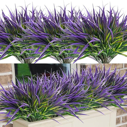 Uieke 28 Bundles Artificial Outdoor Plants UV Resistant Fake Grass Plants Faux Plastic Plants Greenery Shrubs for Home Garden Pathway Window Box Front Porch Cemetery Spring Summer Decor, Purple
