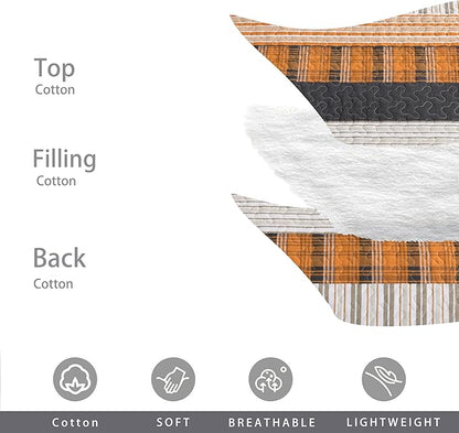Homzard Queen Comforter Set，Cotton Quilts Queen Size，Caramel Orange Black Bedding，Plaid Striped Bedspread，Lightweight Reversible Bed Set 3 Pieces