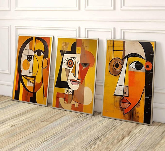 3Pcs Modern Abstract Portrait Canvas Wall Art Vintage Neutral Geometry Orange Contemporary Aesthetics Painting Picture Wall Decor Poster Print Artwork for Bedroom Living Room Office Bathroom Unframed