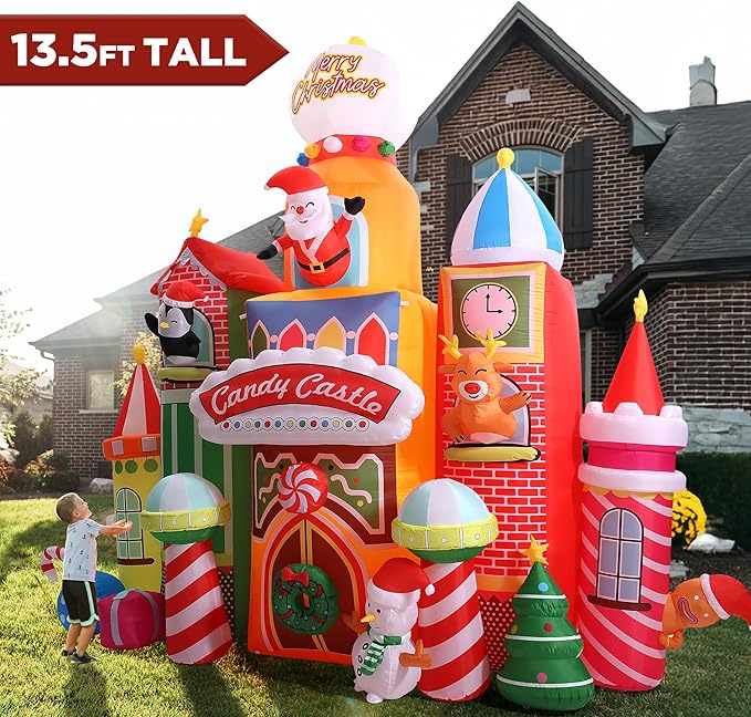 13.5 FT Tall Candy Castle Christmas Inflatables Outdoor Decorations, Blow Up Christmas Decorations with Built-in Rotating Light for Garden Lawn Xmas Decor